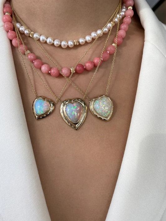 diamond and opal pendant with layered beaded necklace