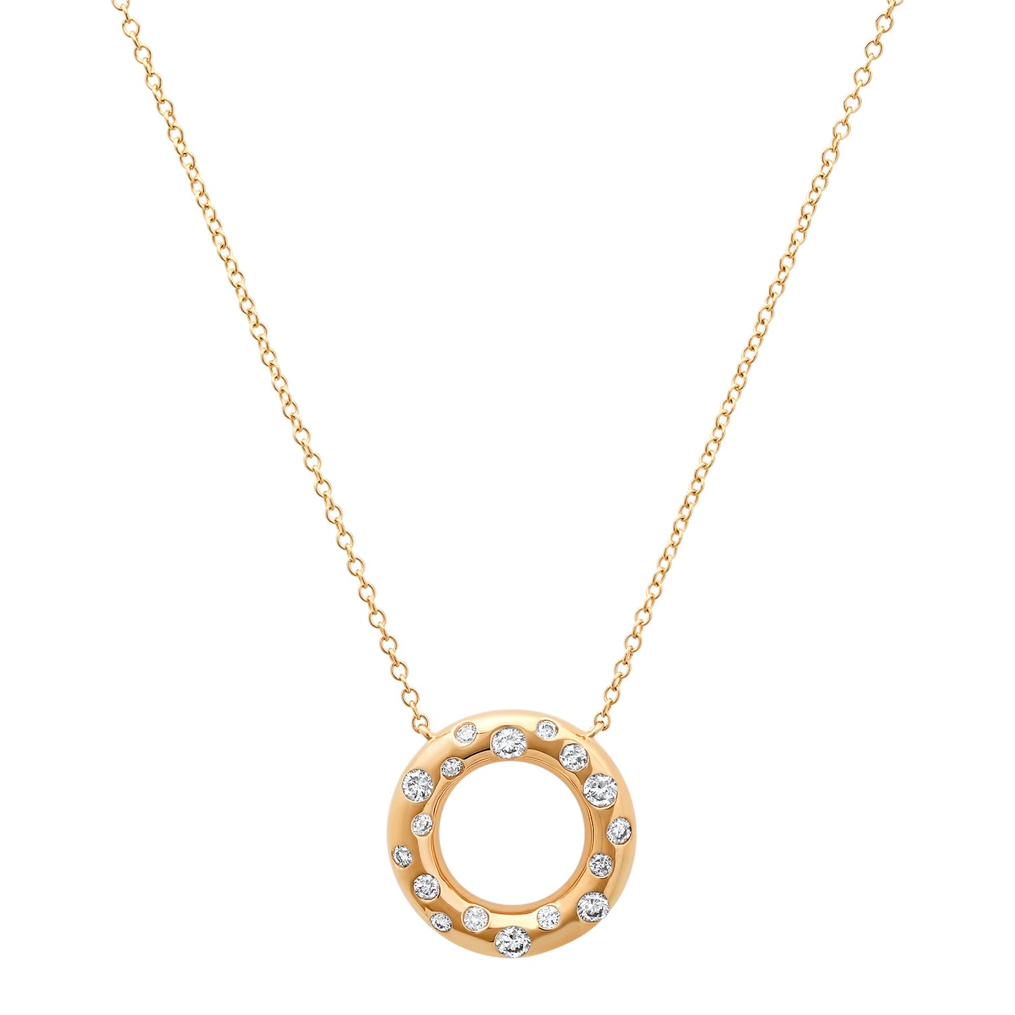 14K YG Scattered Diamond Donut Necklace