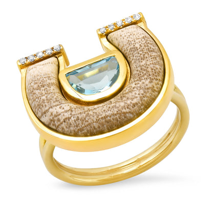 14K YG Topaz, Petrified Wood and Diamond Horseshoe Ring