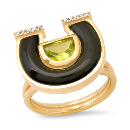 14K YG Peridot, Onyx and Diamond Horseshoe Ring