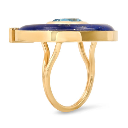 14K YG Jumbo Topaz, Lapis and Diamond Horseshoe Ring