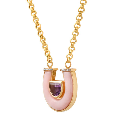 14K YG Jumbo Amethyst, Pink Opal and Diamond Horseshoe Necklace