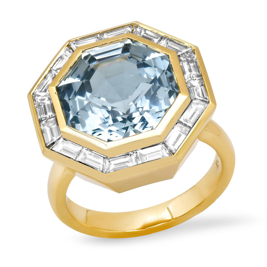 14K YG Bia Brazilan Aquamarine and Diamond Baguette Ring