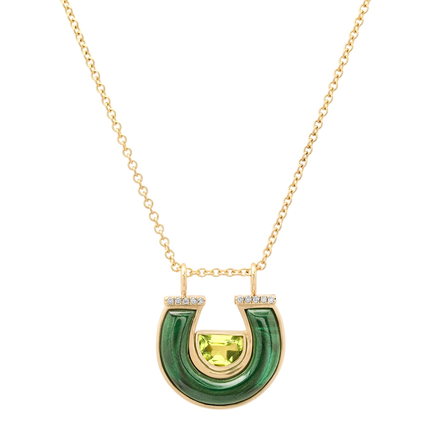 14K YG Peridot, Malachite and Diamond Horseshoe Necklace