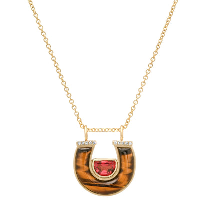 14K YG Garnet, Tiger's Eye and Diamond Horseshoe Necklace