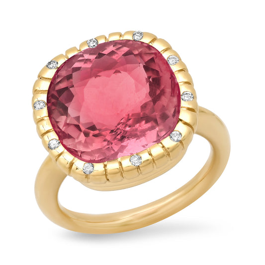 Eros Cuhion Cut Pink Tourmaline And Diamond Ring