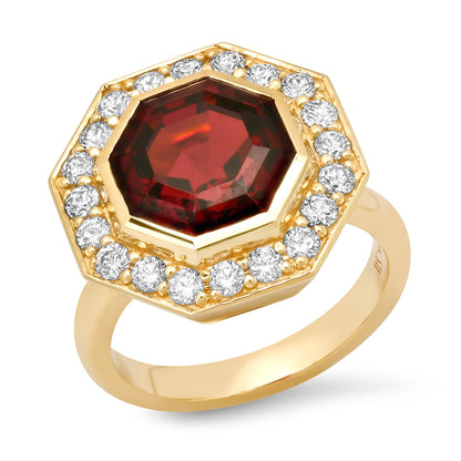 14K YG Garnet And Diamond Bia Ring