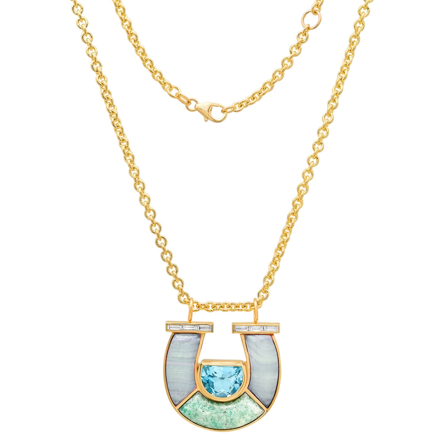 14K YG Topaz, Lace Agate, Amazonite and Baguette Diamond Horseshoe Necklace