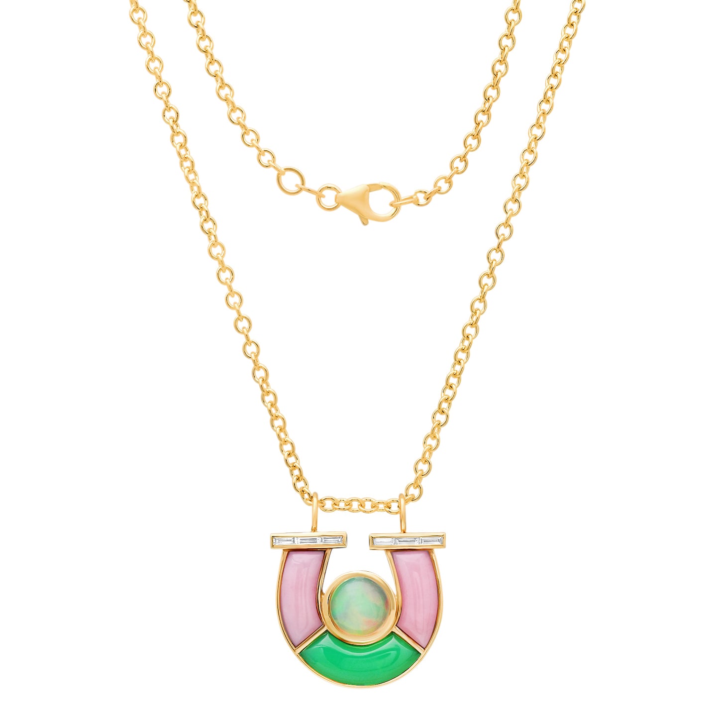 14K YG Opal, Chrysoprase, Pink Opal and Baguette Diamond Horseshoe Necklace