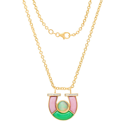 14K YG Opal, Chrysoprase, Pink Opal and Baguette Diamond Horseshoe Necklace