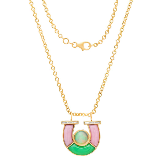 14K YG Opal, Chrysoprase, Pink Opal and Baguette Diamond Horseshoe Necklace