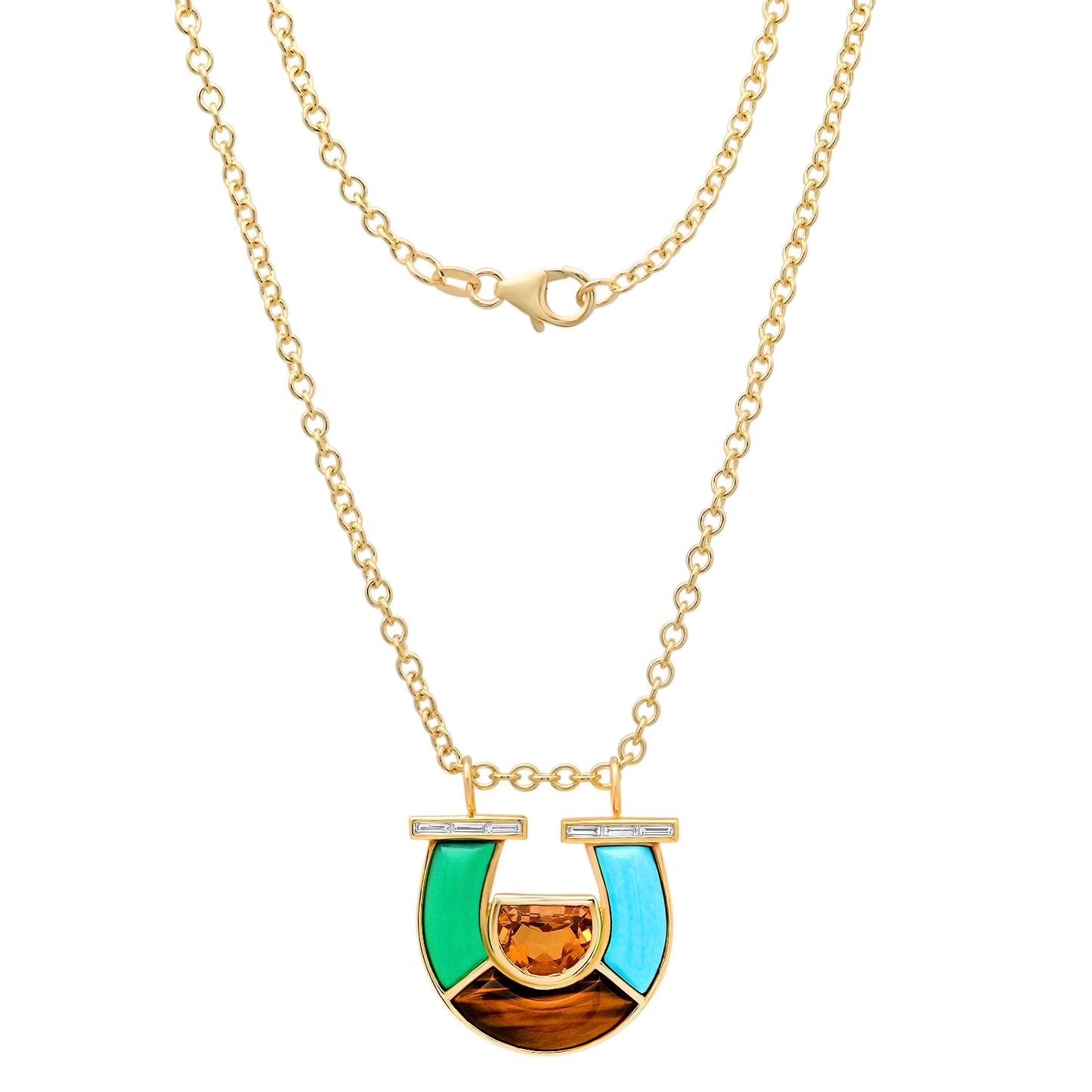 14K YG Citrine, Chrysoprase, Tiger's Eye, Turquoise and Baguette Diamond Horseshoe Necklace