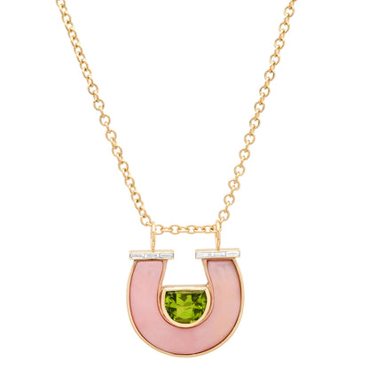 14K YG Peridot, Pink Opal and Baguette Diamond Horseshoe Necklace