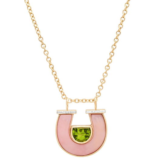 14K YG Peridot, Pink Opal and Baguette Diamond Horseshoe Necklace