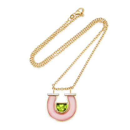 14K YG Peridot, Pink Opal and Baguette Diamond Horseshoe Necklace