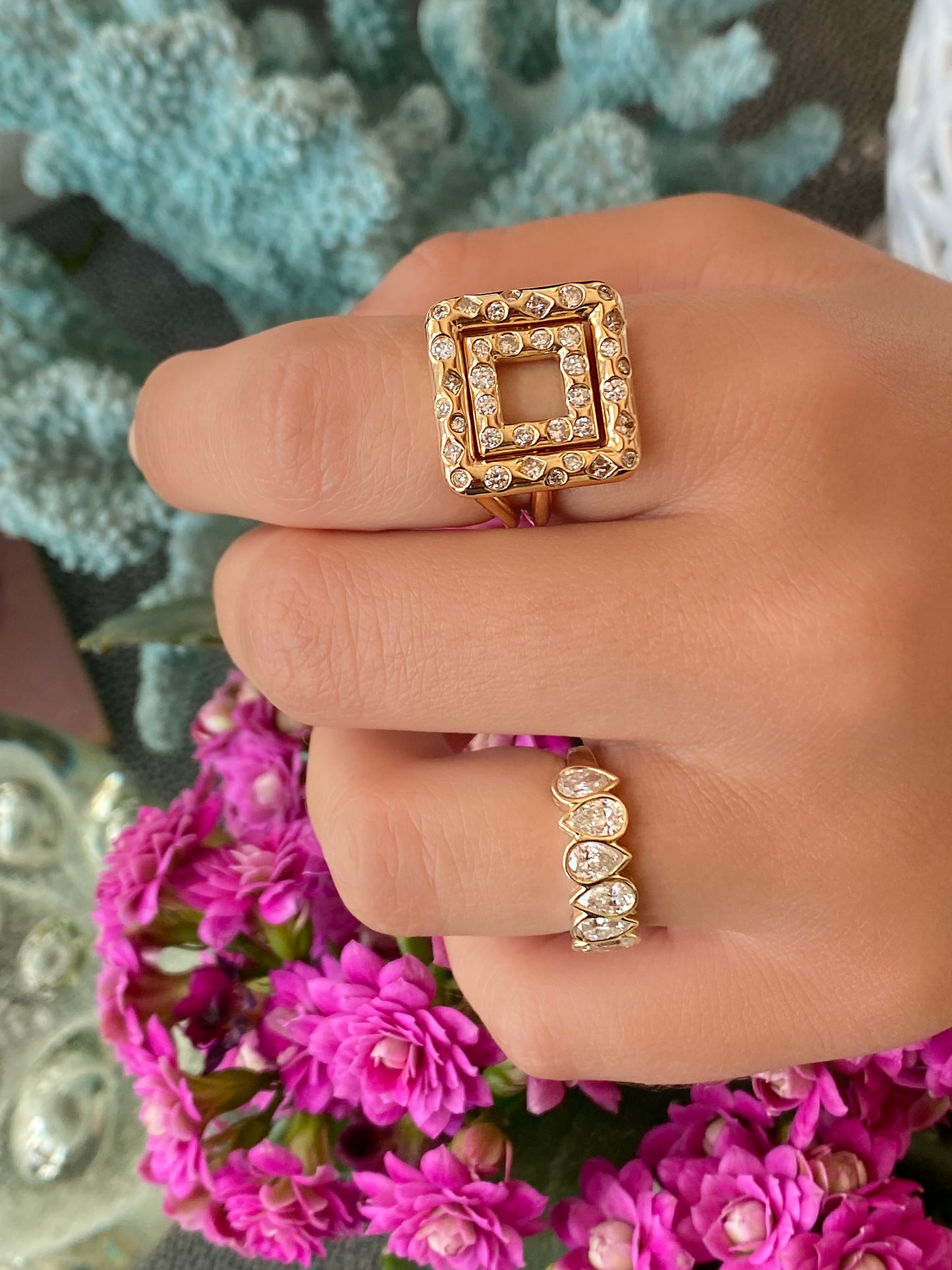 14K YG Bebe Square Diamond Ring