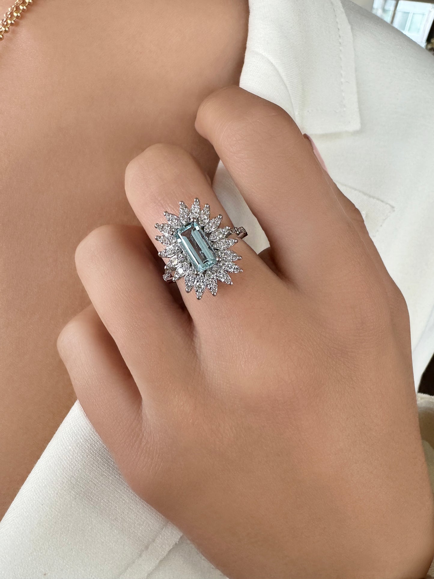 Aquamarine and Diamond Starburst Ring