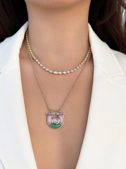 14K YG Opal, Chrysoprase, Pink Opal and Baguette Diamond Horseshoe Necklace