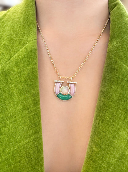 14K YG Opal, Chrysoprase, Pink Opal and Baguette Diamond Horseshoe Necklace