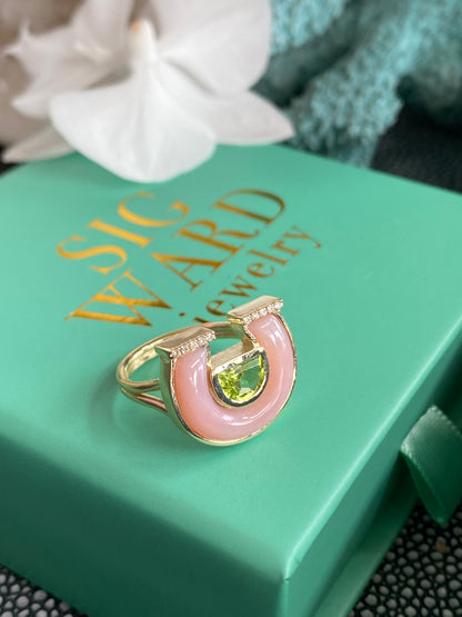 14K YG Peridot, Pink Opal and Diamond Horseshoe Ring