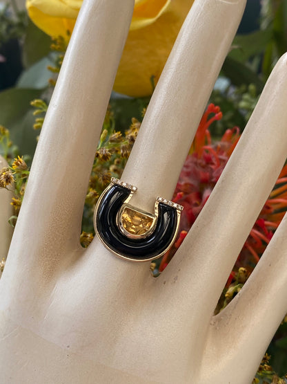 14K YG Citrine, Onyx and Diamond Horseshoe Ring