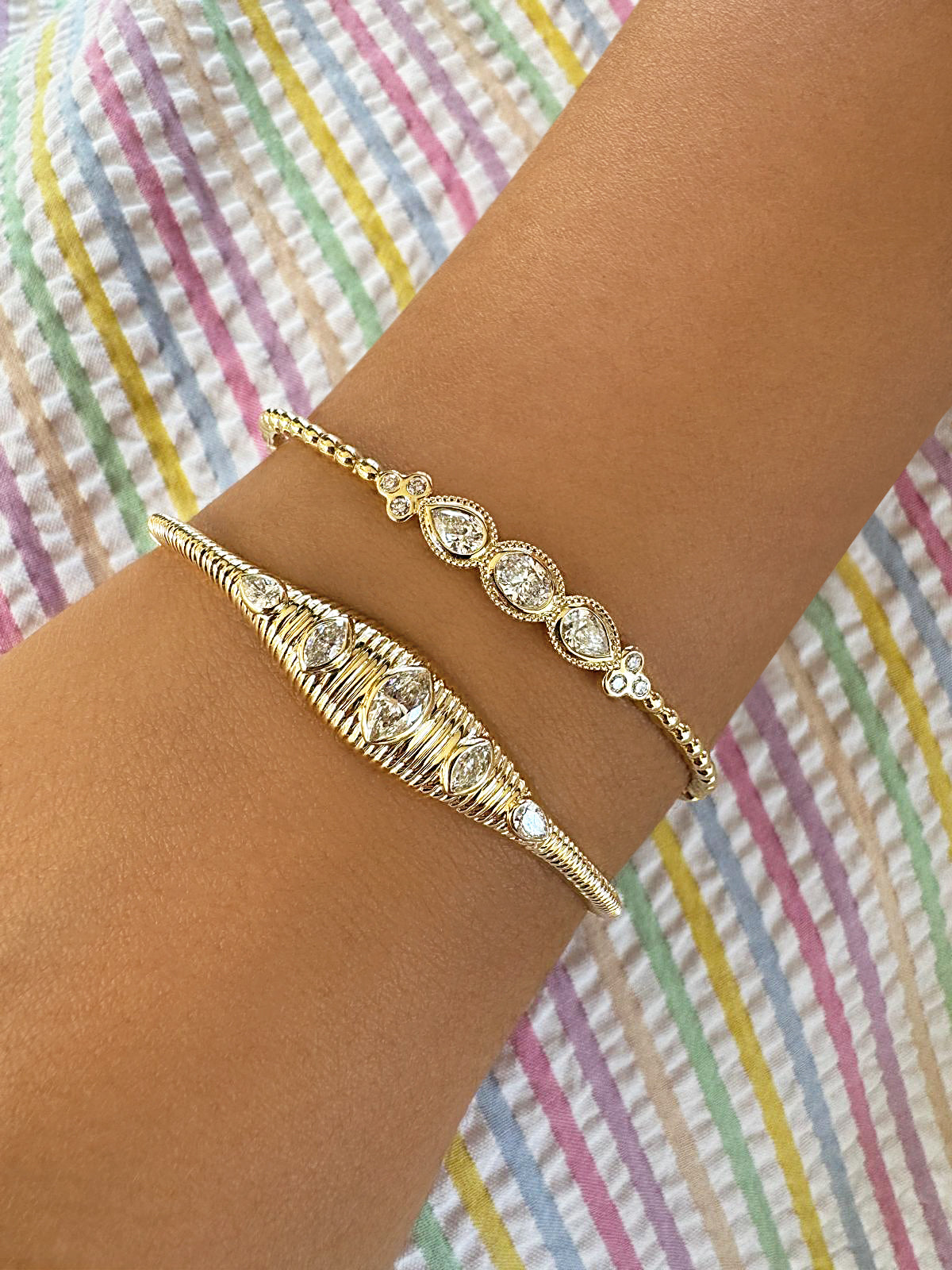 14K YG Oval, Pear And Round Shaped Diamond Bangle