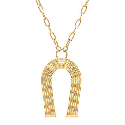 14K Yellow Gold and Diamond Reeded Horseshoe Necklace