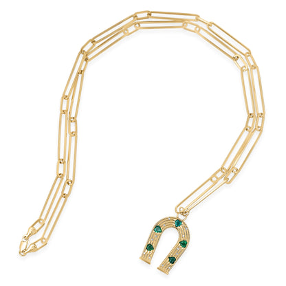 14K Yellow Gold Emerald and Diamond Horseshoe Necklace