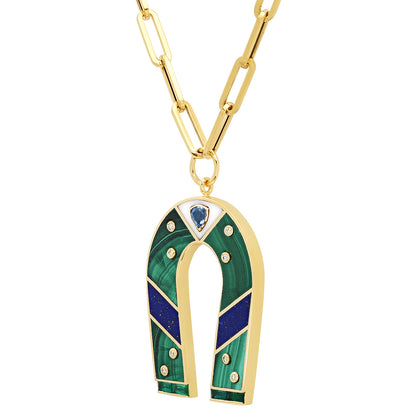 14K Yellow Gold Malachite and Lapis Inlay Horseshoe Necklace