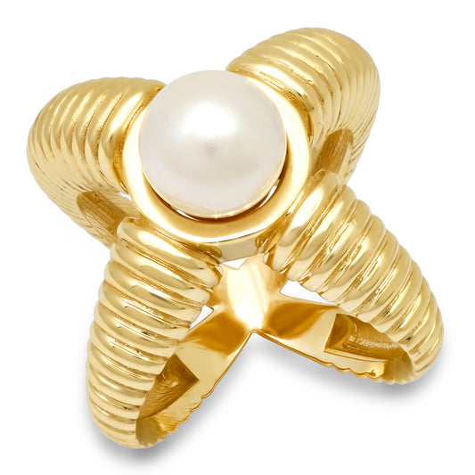 14K YG Criss Cross Reeded Gold Pearl Ring