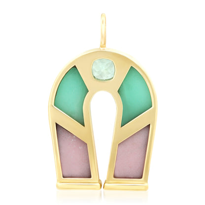 14K Yellow Gold Green Tourmaline, Chrysoprase and Pink Opal Horseshoe Necklace