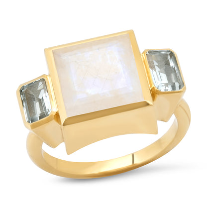 14K YG Moonstone and Aquamarine Trilogy Ring