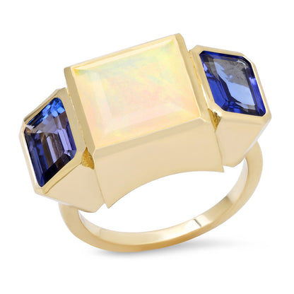 14K YG Ethiopian Opal and Tanzanite Trilogy Ring