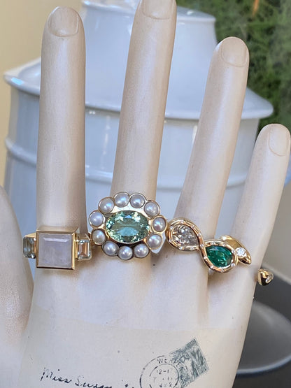 14K YG Morea Green Tourmaline and Pearl Ring