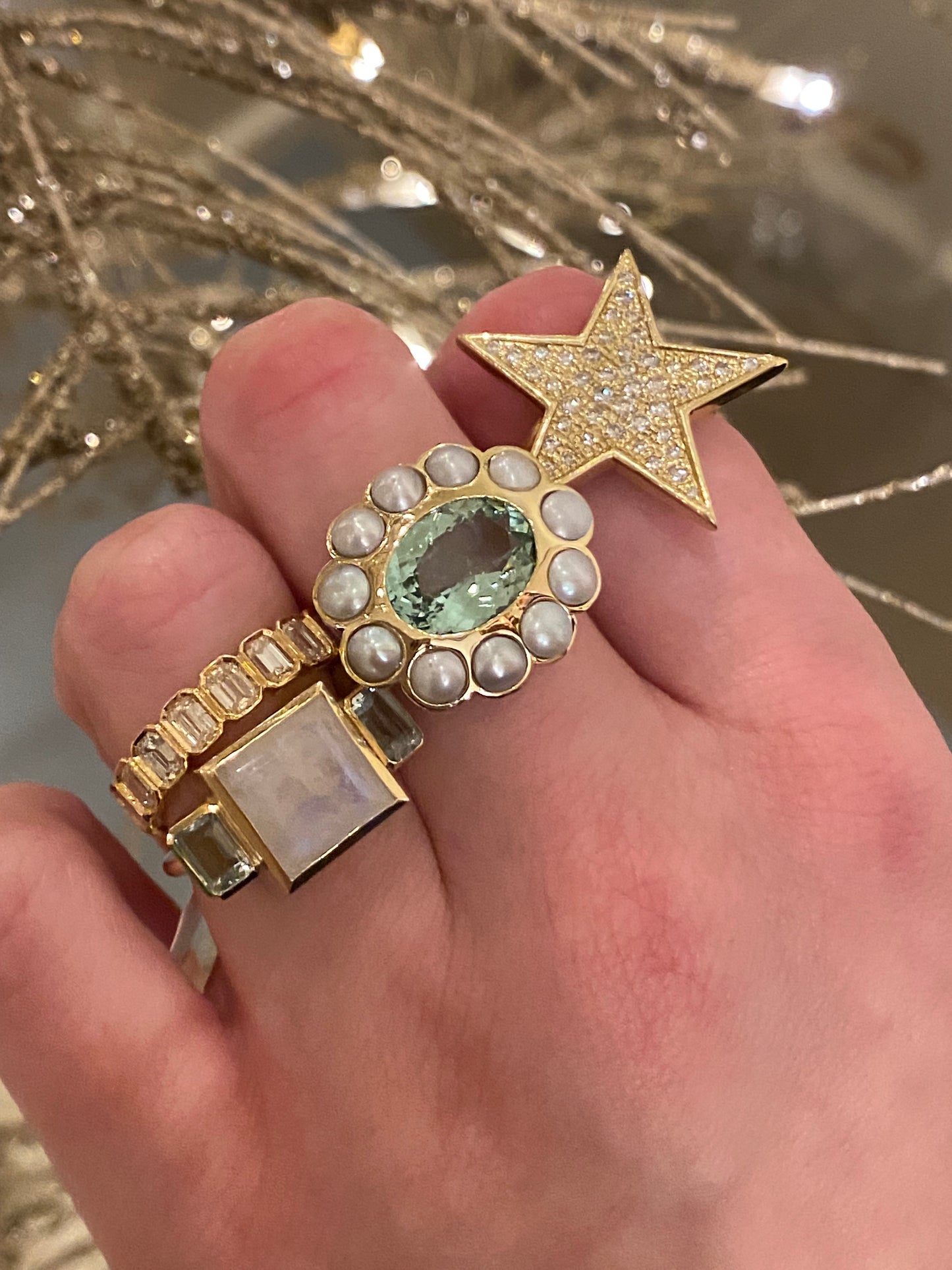 14K YG Morea Green Tourmaline and Pearl Ring